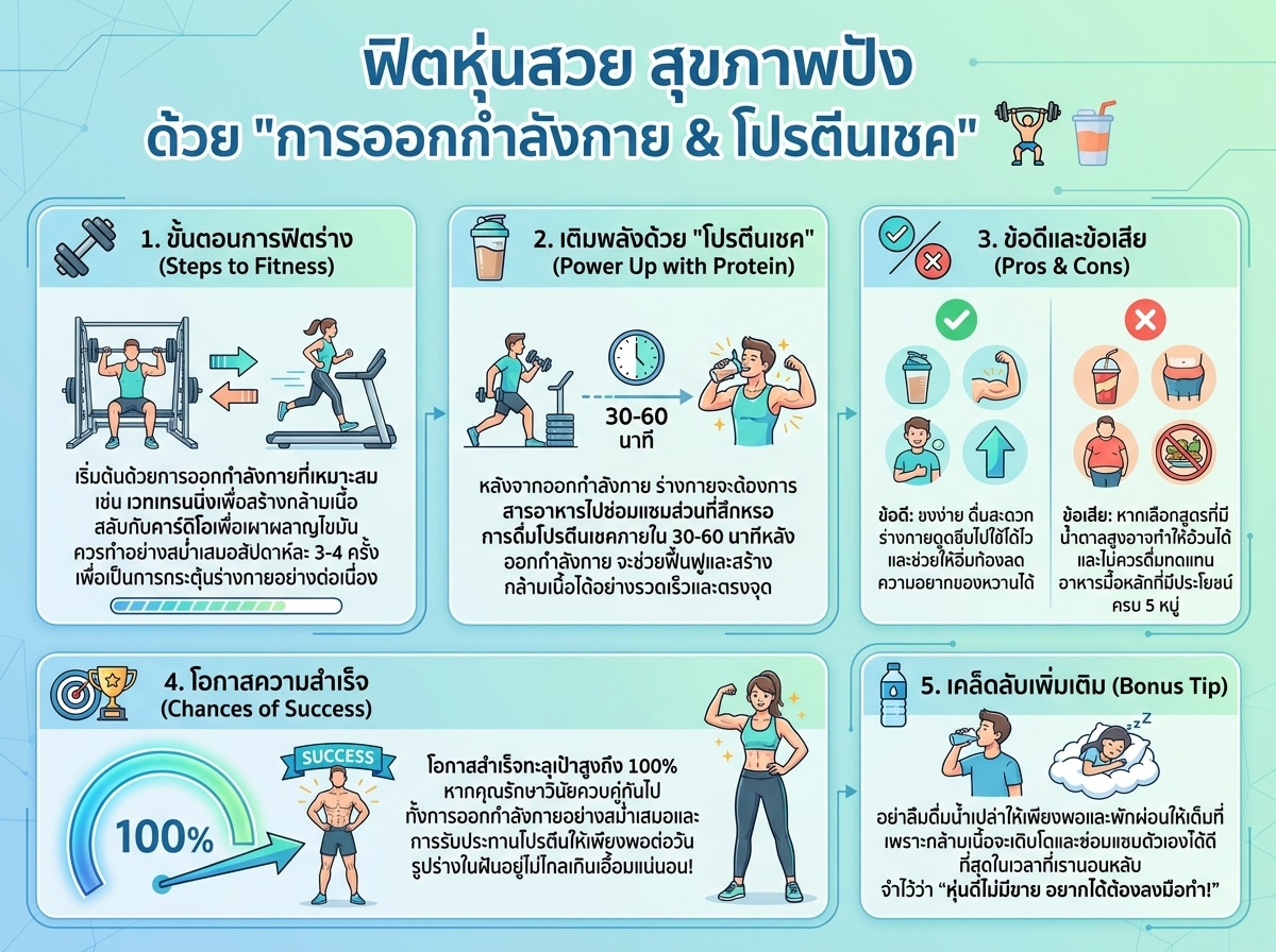 คนกำลังออกกำลังกายและดื่มโปรตีนเชคเพื่อสุขภาพที่ดี