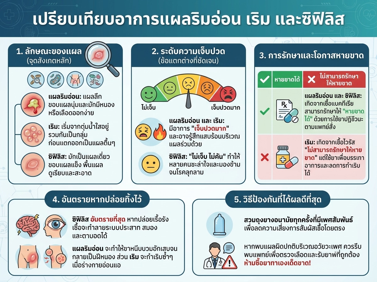 เปรียบเทียบอาการแผลริมอ่อน เริม และซิฟิลิส