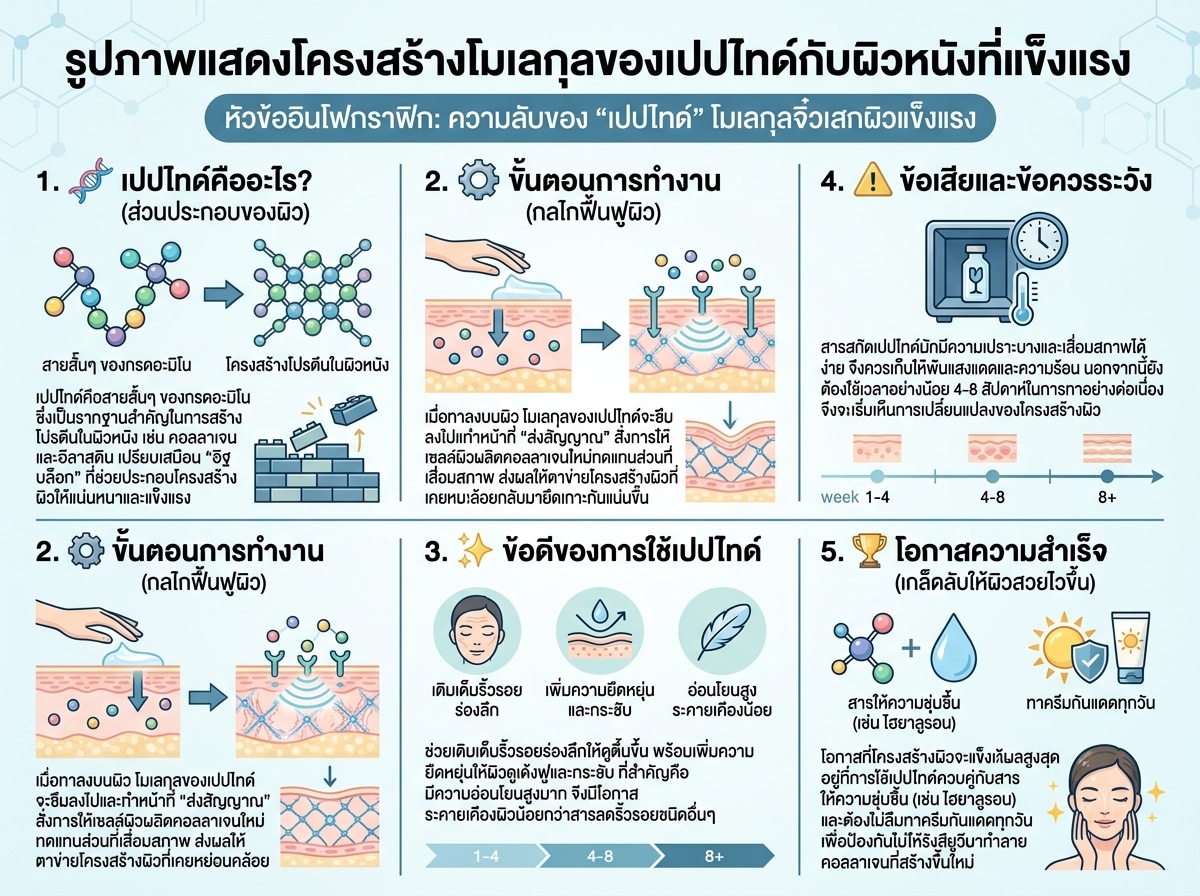 รูปภาพแสดงโครงสร้างโมเลกุลของเปปไทด์กับผิวหนังที่แข็งแรง
