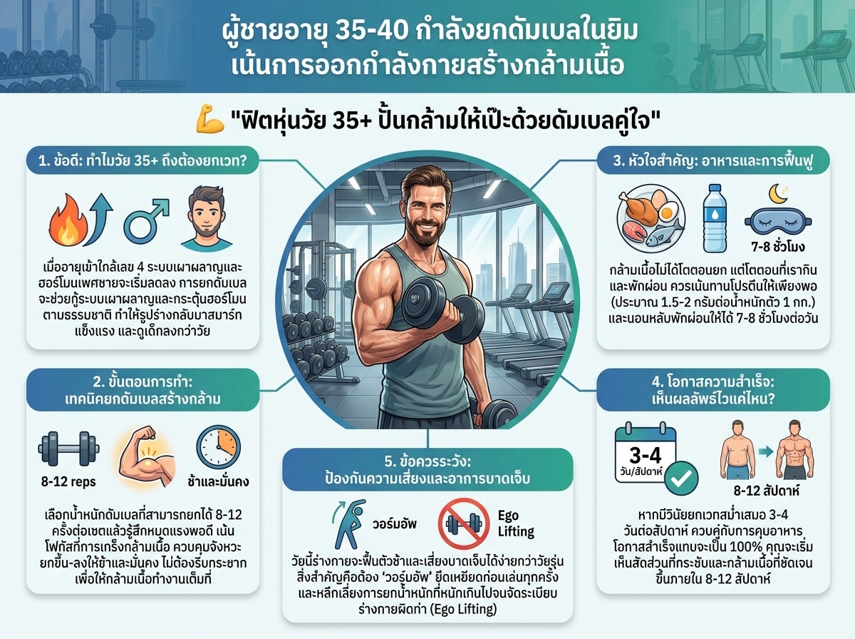 ผู้ชายอายุ 35-40 กำลังยกดัมเบลในยิม เน้นการออกกำลังกายสร้างกล้ามเนื้อ