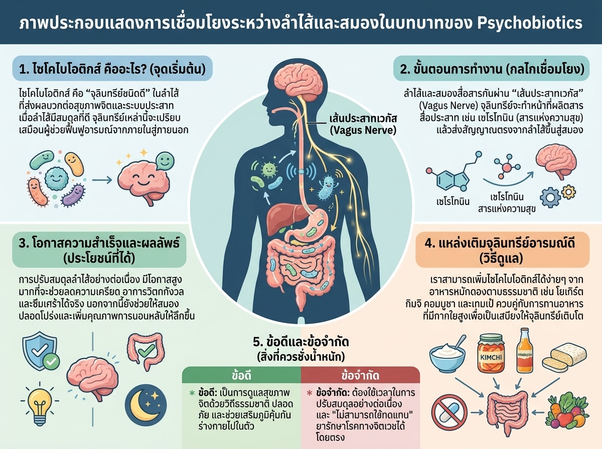 ภาพประกอบแสดงการเชื่อมโยงระหว่างลำไส้และสมองในบทบาทของ Psychobiotics