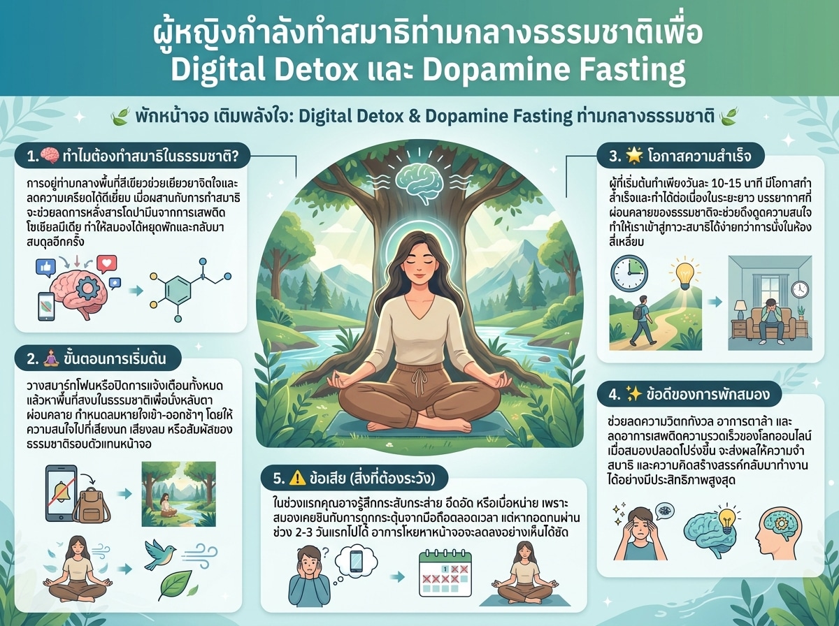 ผู้หญิงกำลังทำสมาธิท่ามกลางธรรมชาติเพื่อ Digital Detox และ Dopamine Fasting