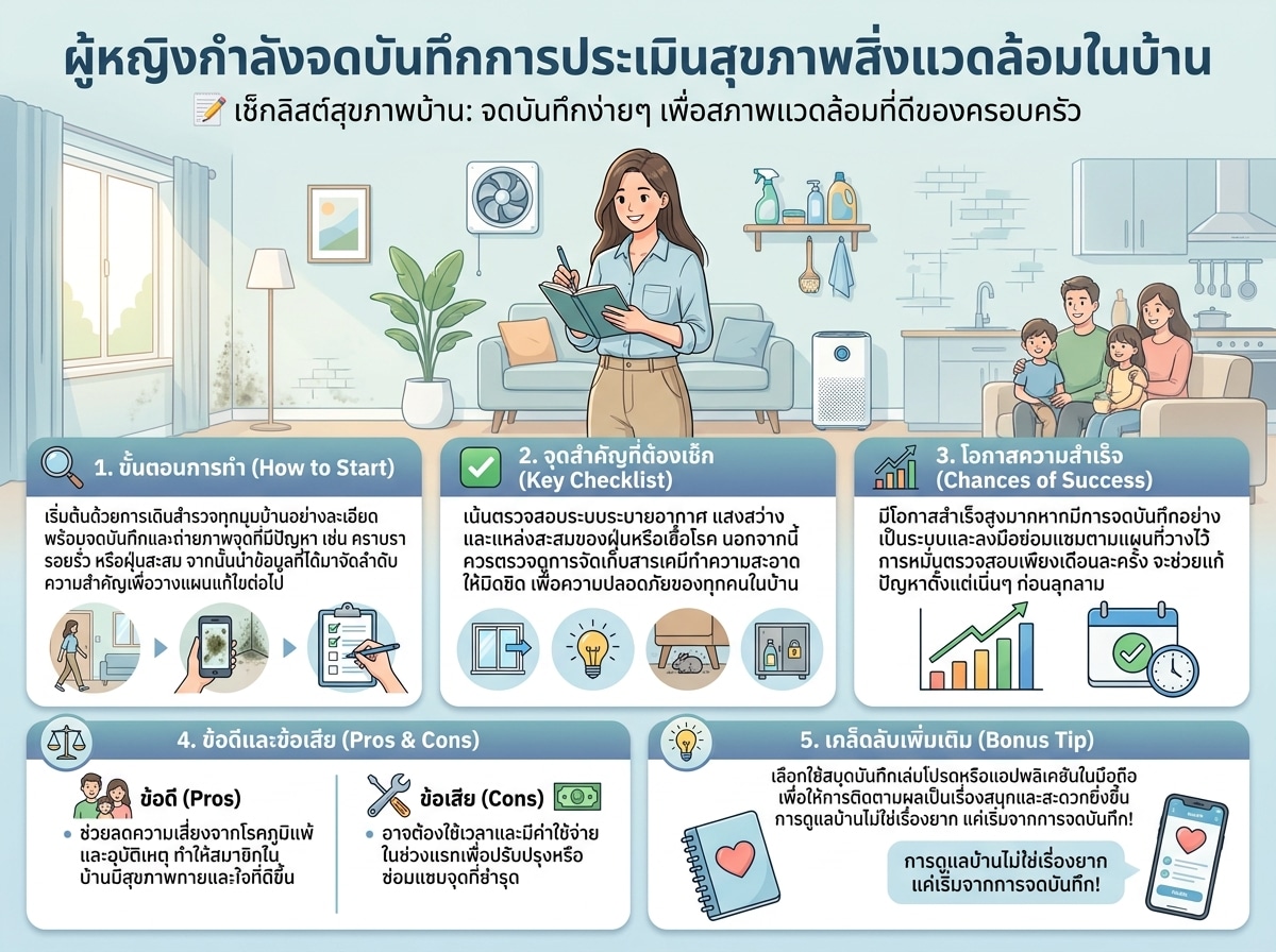 ผู้หญิงกำลังจดบันทึกการประเมินสุขภาพสิ่งแวดล้อมในบ้าน