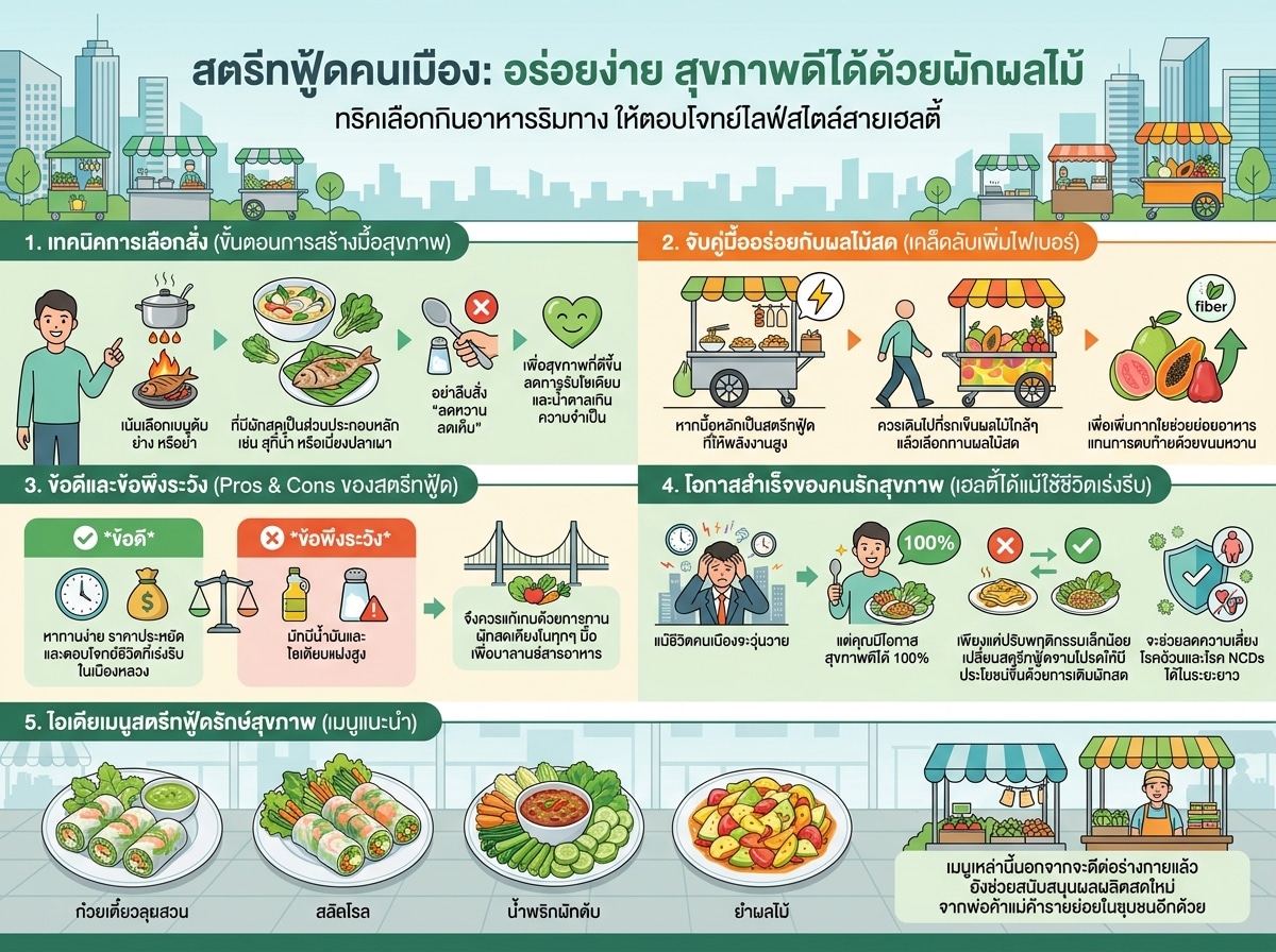 สตรีทฟู้ดหลากหลายเมนูในเมืองใหญ่ โดยมีผักและผลไม้สดอยู่ใกล้ๆ เพื่อสื่อถึงการเลือกอาหารสุขภาพในไลฟ์สไตล์คนเมือง