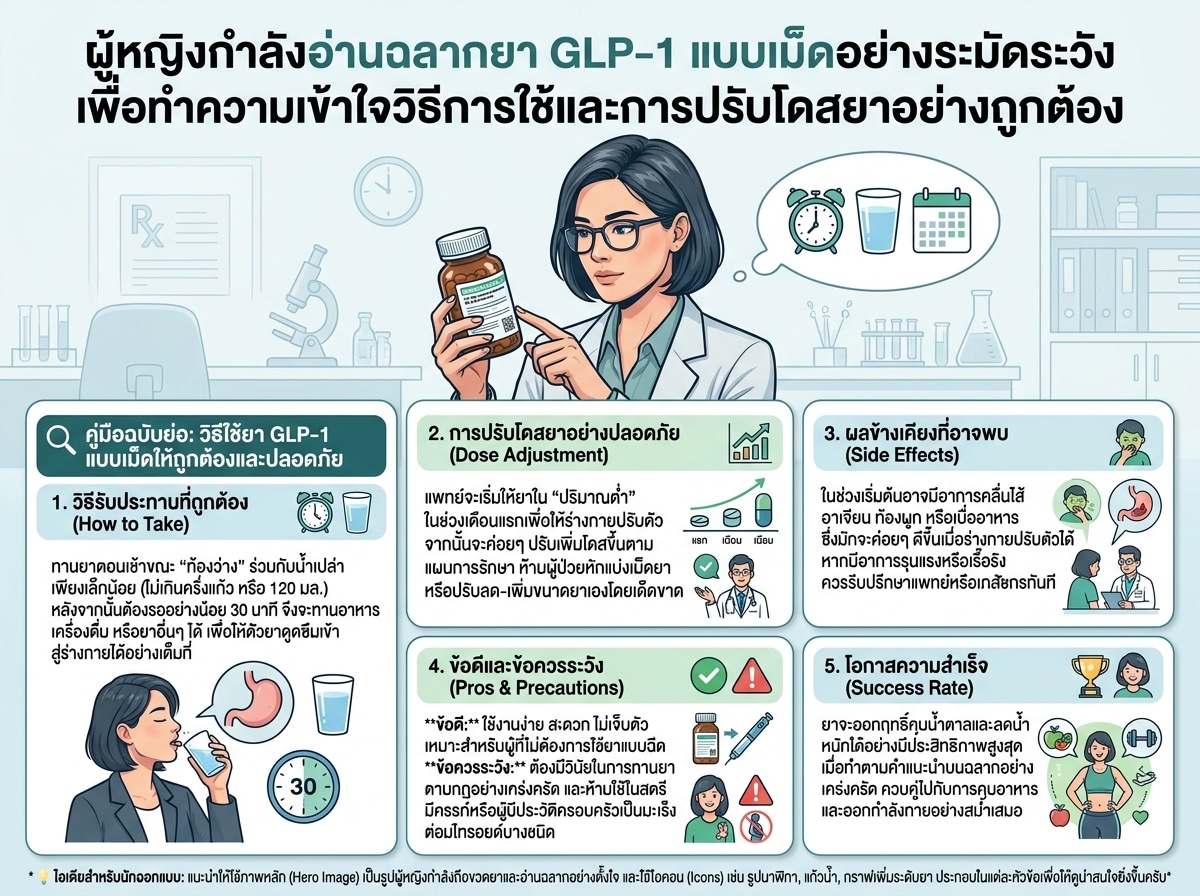 ผู้หญิงกำลังอ่านฉลากยา GLP-1 แบบเม็ดอย่างระมัดระวัง เพื่อทำความเข้าใจวิธีการใช้และการปรับโดสยาอย่างถูกต้อง