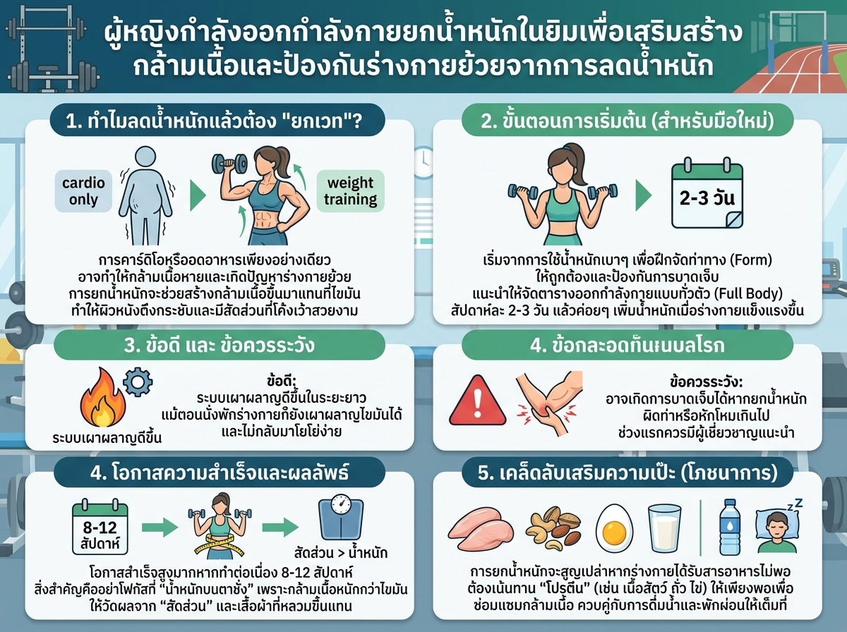 ผู้หญิงกำลังออกกำลังกายยกน้ำหนักในยิมเพื่อเสริมสร้างกล้ามเนื้อและป้องกันร่างกายย้วยจากการลดน้ำหนัก