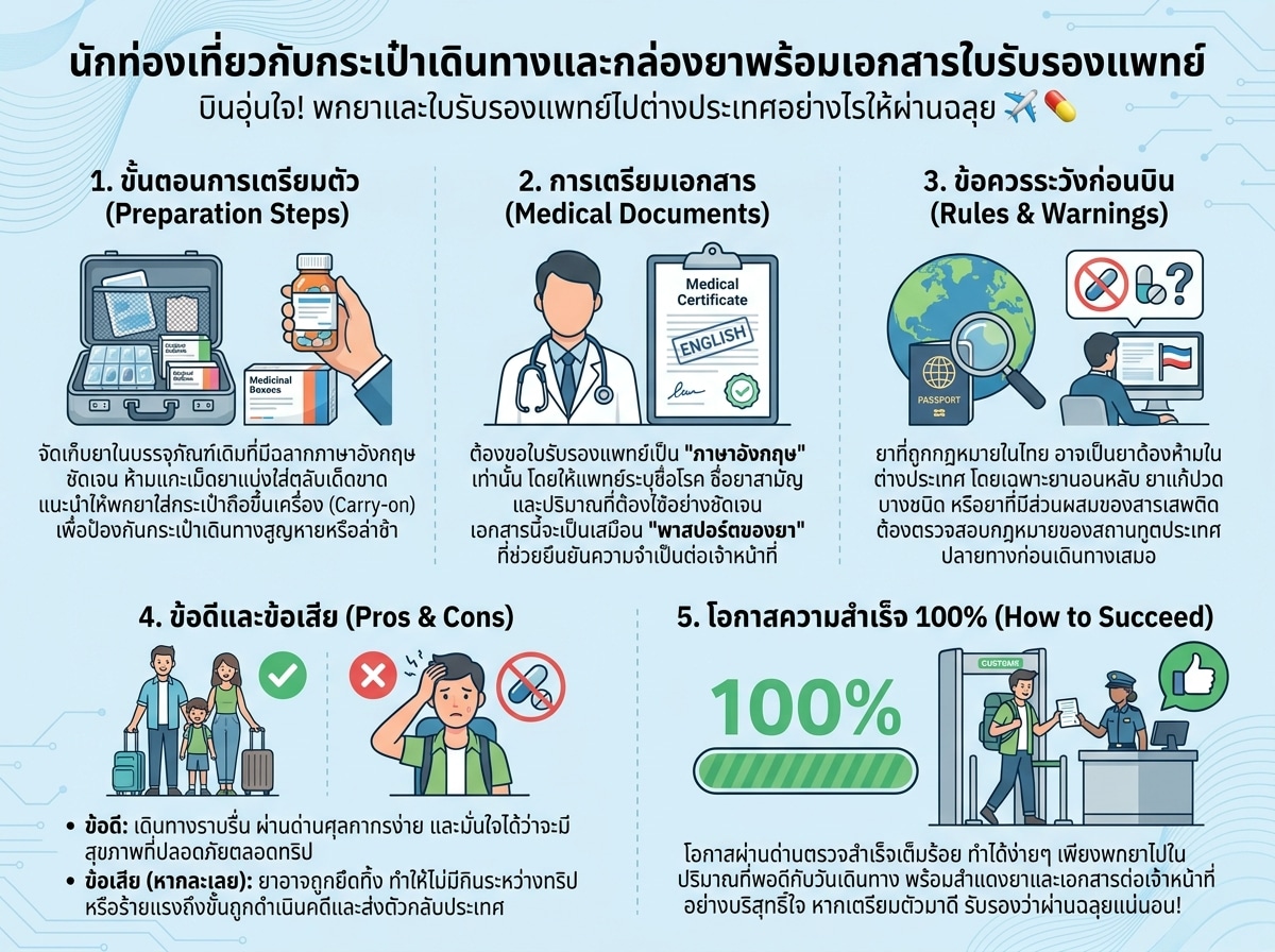 นักท่องเที่ยวกับกระเป๋าเดินทางและกล่องยาพร้อมเอกสารใบรับรองแพทย์