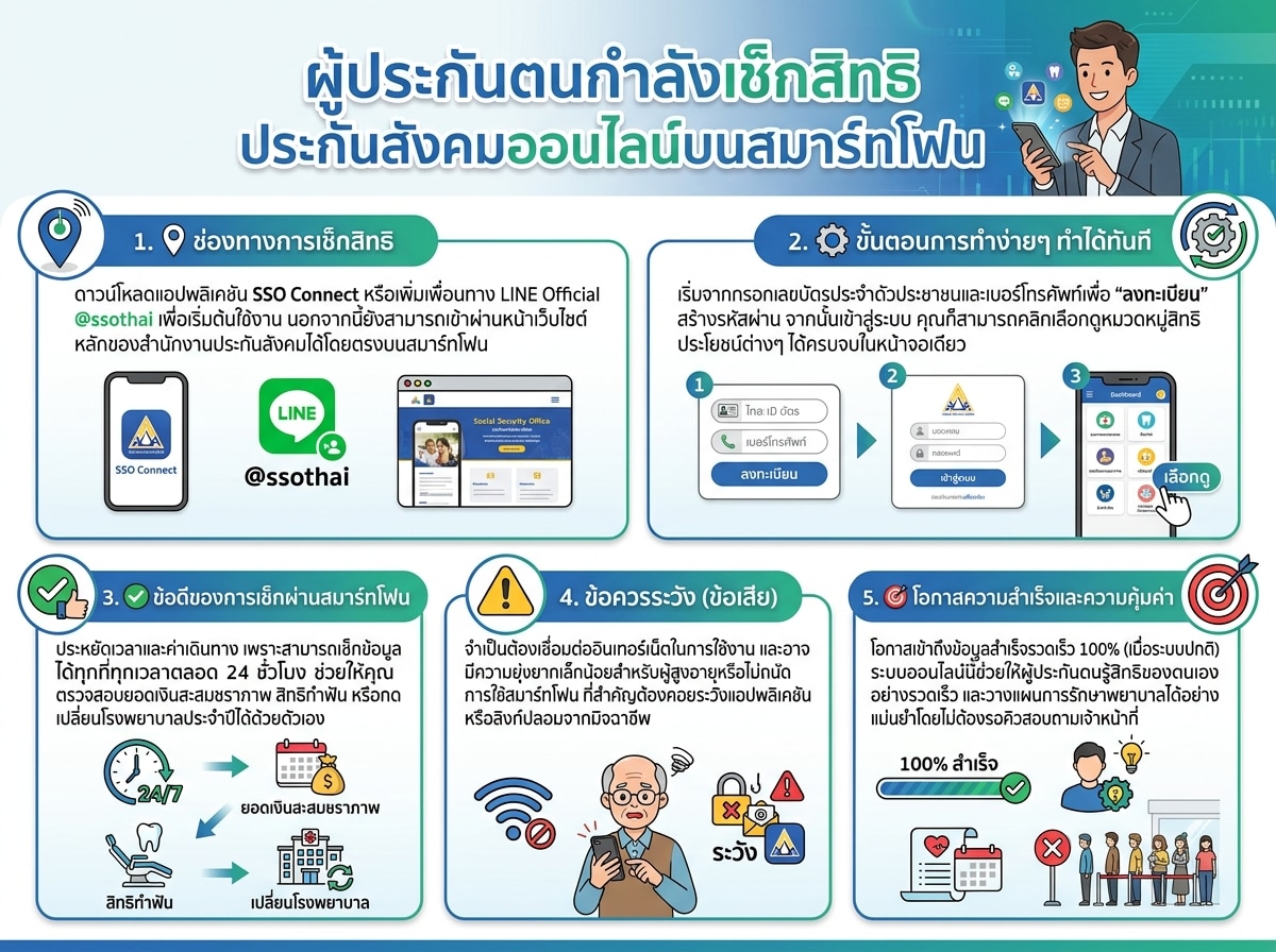 ผู้ประกันตนกำลังเช็กสิทธิประกันสังคมออนไลน์บนสมาร์ทโฟน