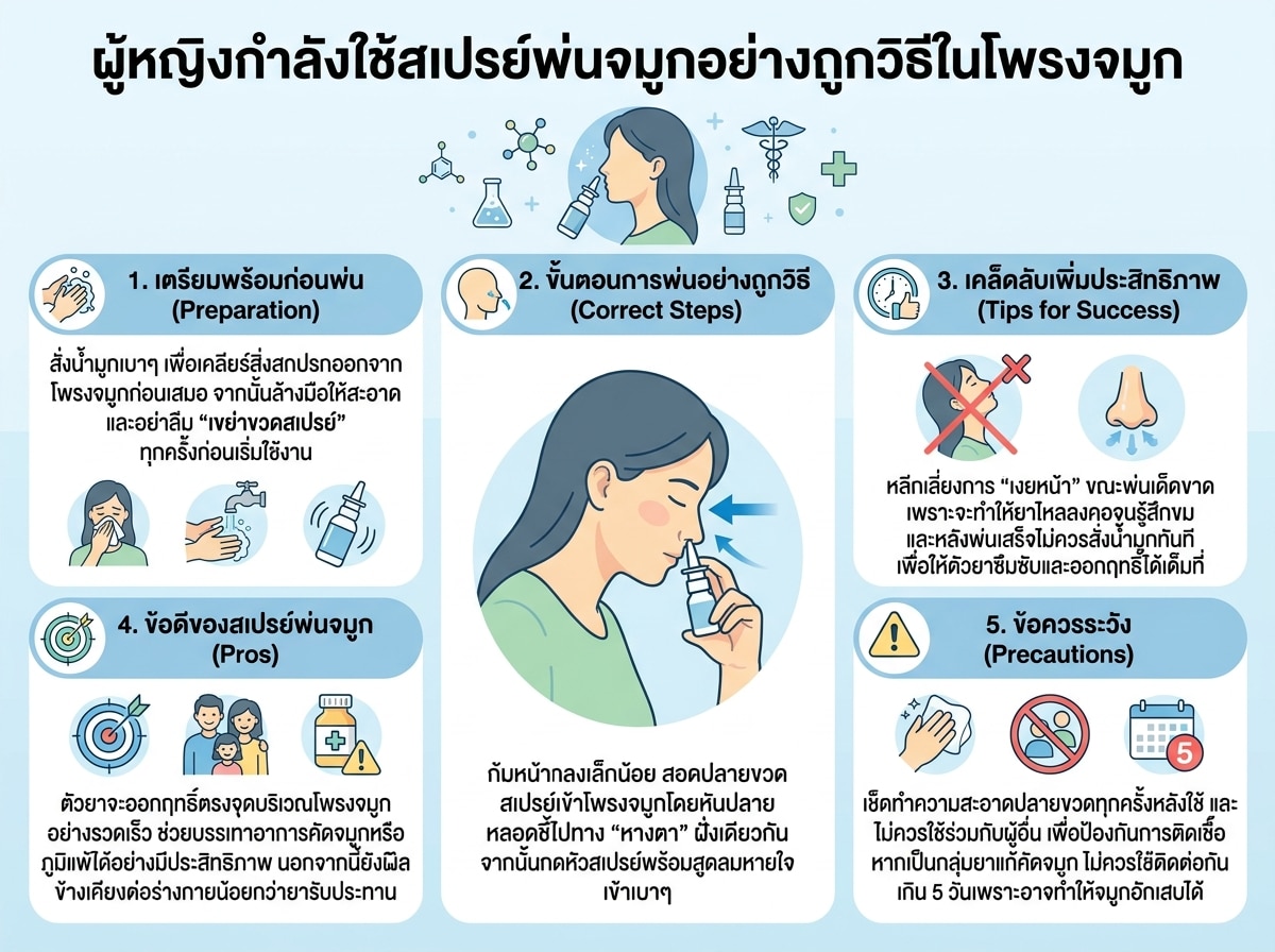 ผู้หญิงกำลังใช้สเปรย์พ่นจมูกอย่างถูกวิธีในโพรงจมูก