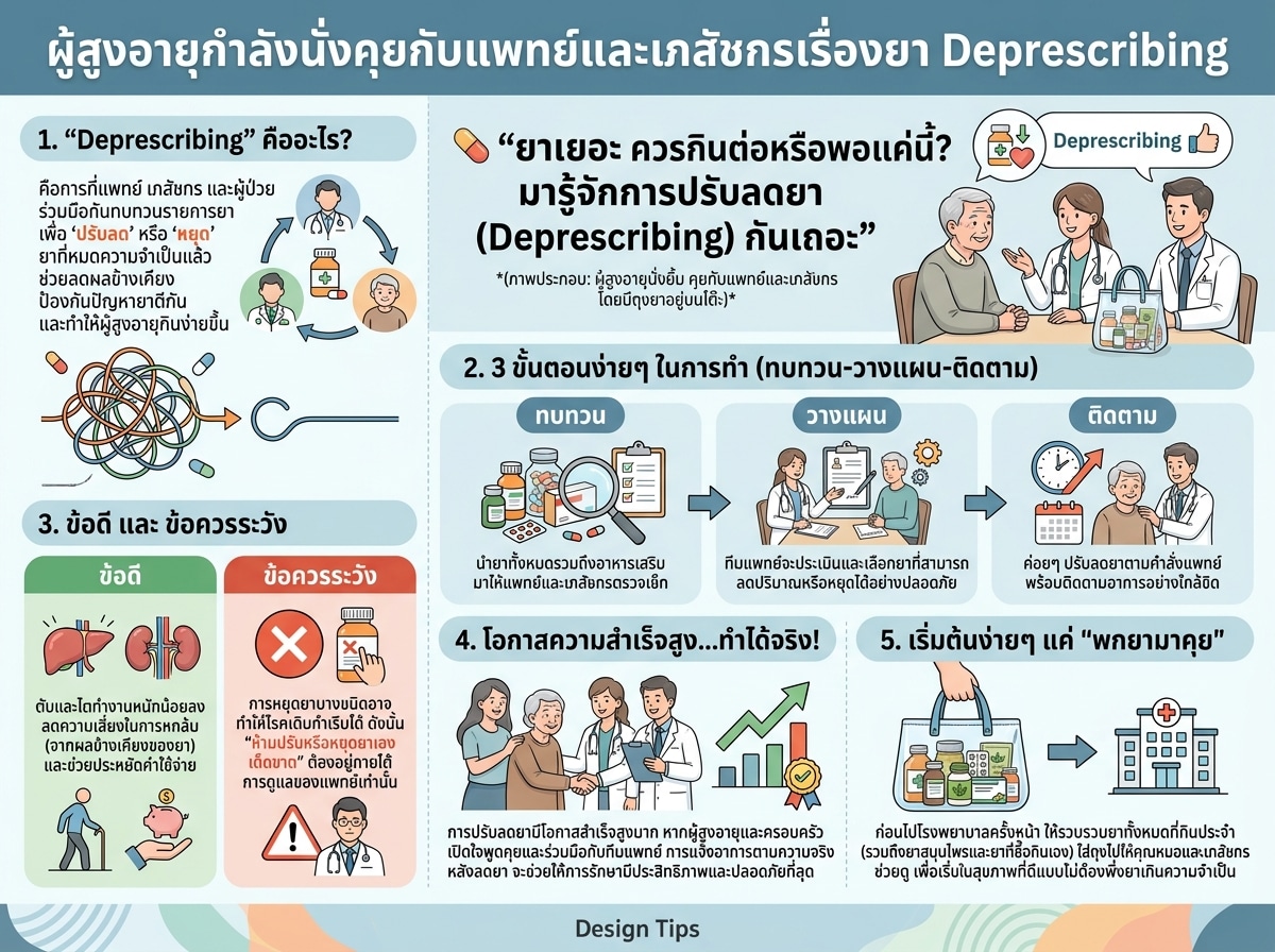 ผู้สูงอายุกำลังนั่งคุยกับแพทย์และเภสัชกรเรื่องยา Deprescribing