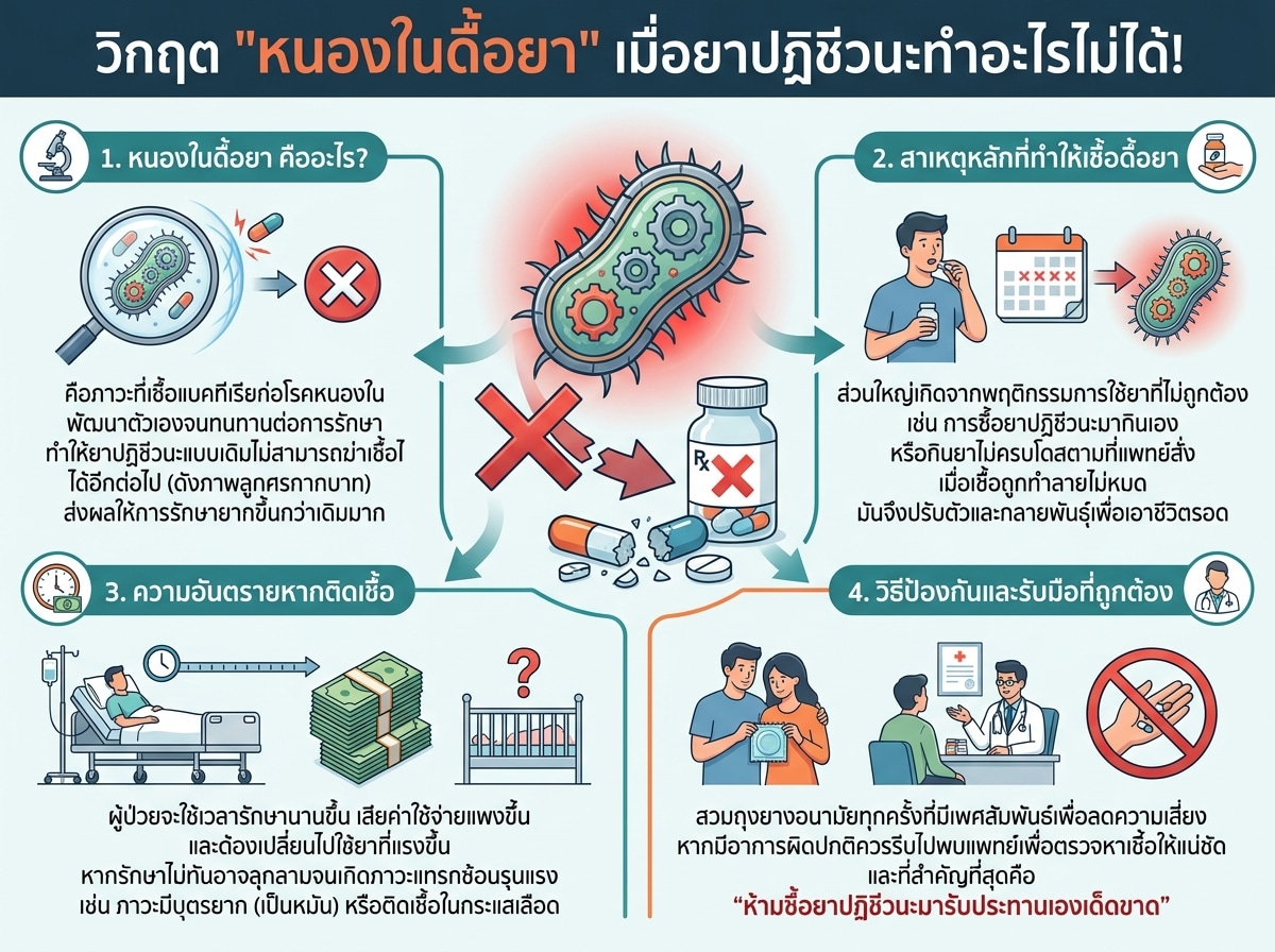 ภาพกราฟิกแสดงเชื้อแบคทีเรียหนองในที่มีลักษณะดื้อยาและลูกศรกากบาทแสดงถึงการไม่ตอบสนองต่อยาปฏิชีวนะ