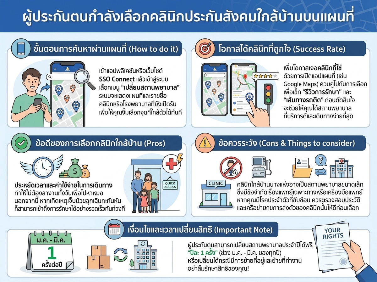 ผู้ประกันตนกำลังเลือกคลินิกประกันสังคมใกล้บ้านบนแผนที่