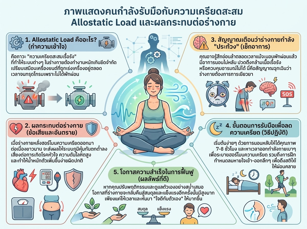 ภาพแสดงคนกำลังรับมือกับความเครียดสะสม Allostatic Load และผลกระทบต่อร่างกาย