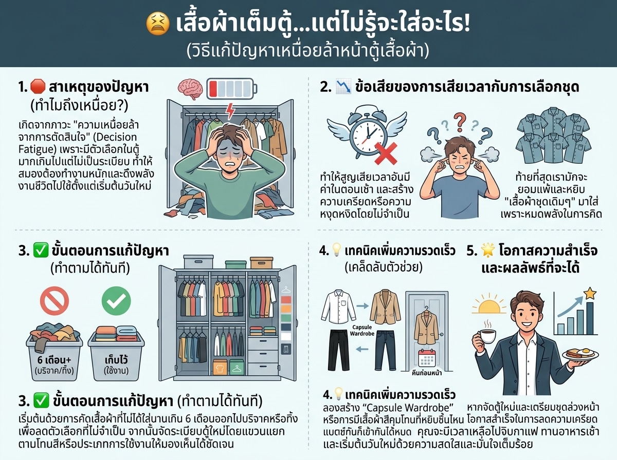 คนกำลังตัดสินใจเลือกเสื้อผ้าจากตู้เสื้อผ้าอย่างเหนื่อยล้า