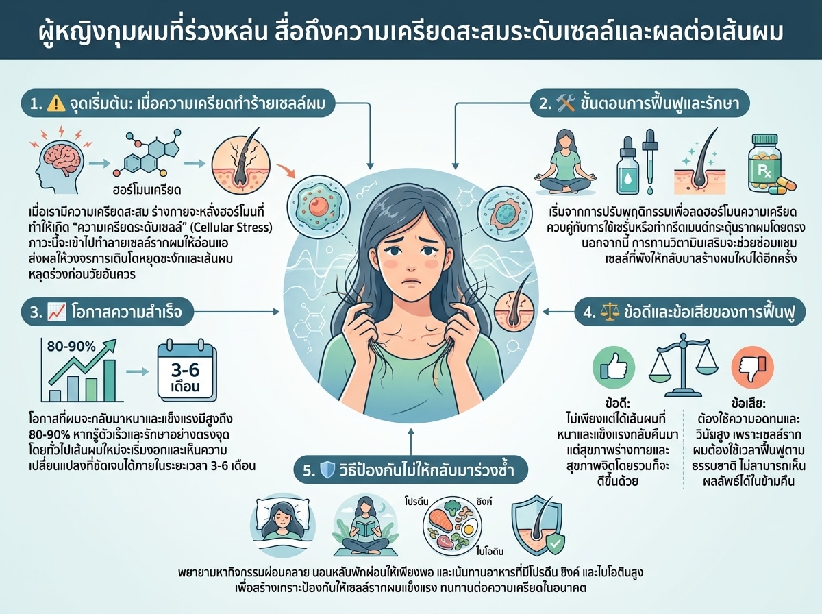 ผู้หญิงกุมผมที่ร่วงหล่น สื่อถึงความเครียดสะสมระดับเซลล์และผลต่อเส้นผม