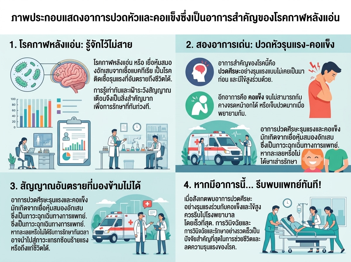 ภาพประกอบแสดงอาการปวดหัวและคอแข็งซึ่งเป็นอาการสำคัญของโรคกาฬหลังแอ่น