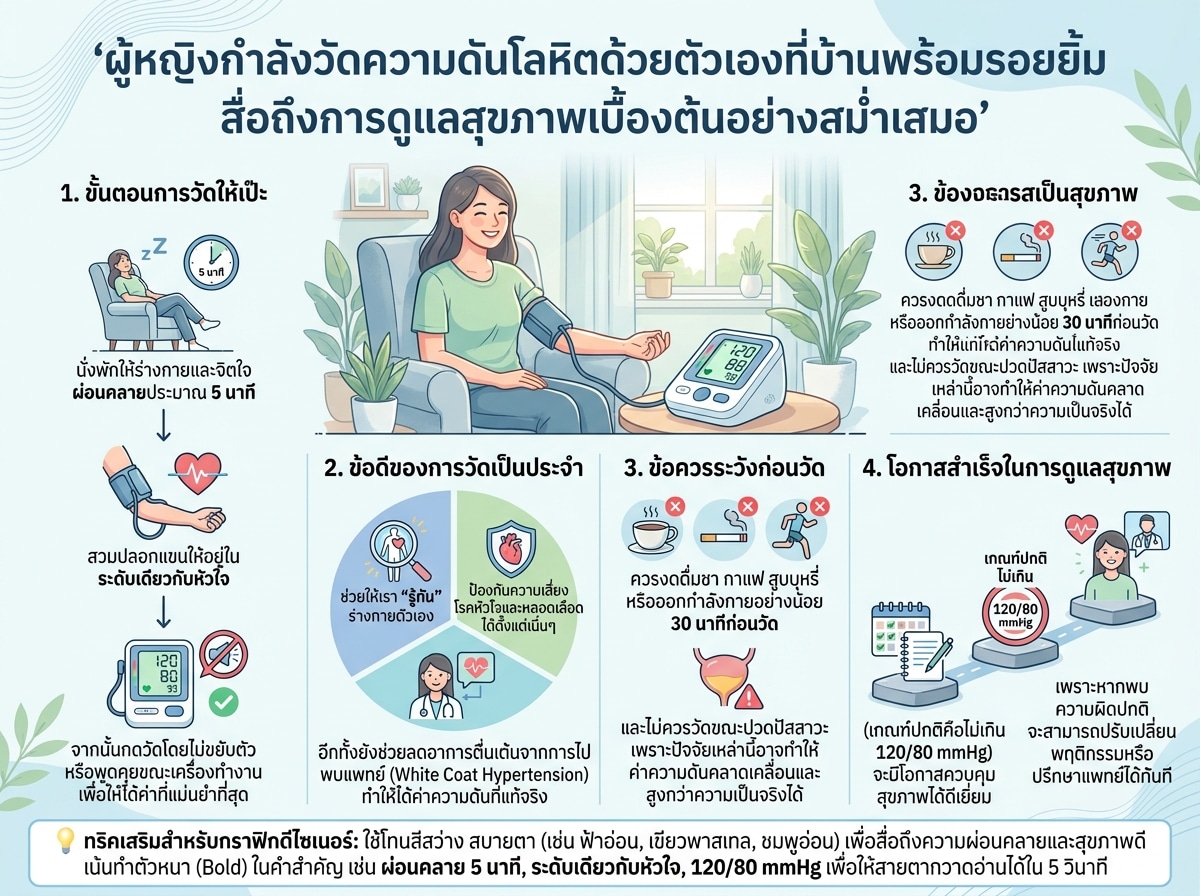 ผู้หญิงกำลังวัดความดันโลหิตด้วยตัวเองที่บ้านพร้อมรอยยิ้ม สื่อถึงการดูแลสุขภาพเบื้องต้นอย่างสม่ำเสมอ