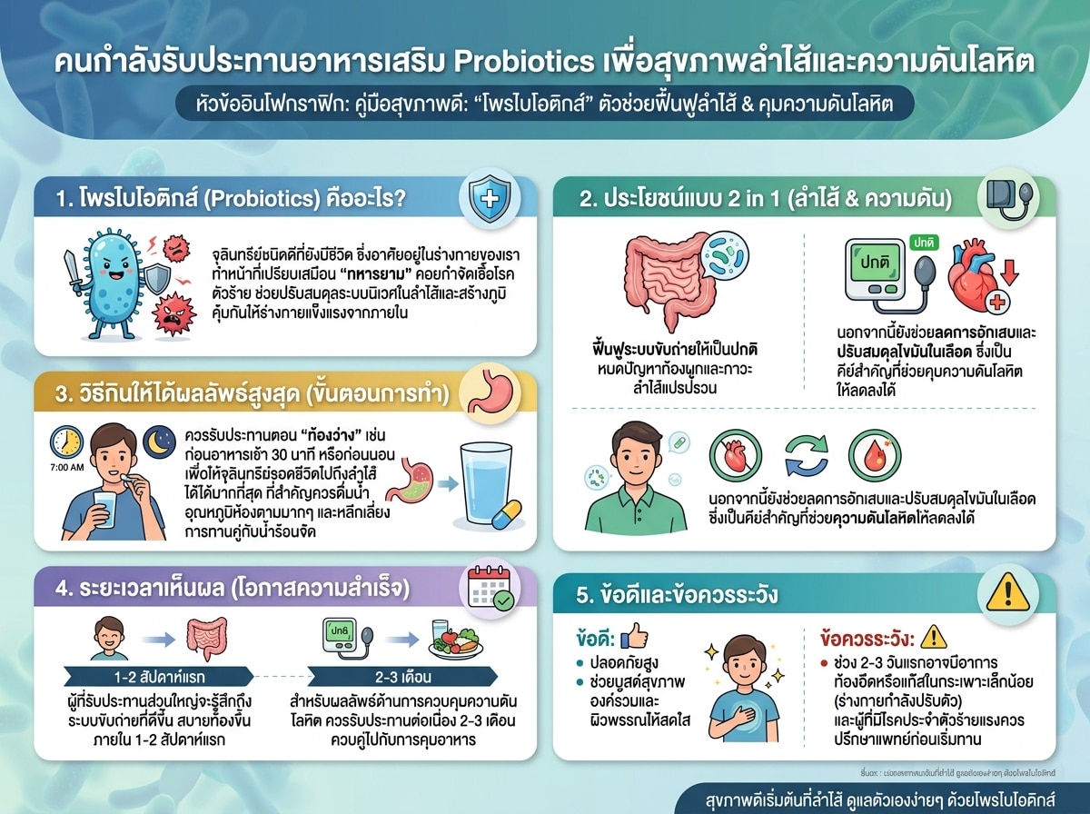คนกำลังรับประทานอาหารเสริม Probiotics เพื่อสุขภาพลำไส้และความดันโลหิต
