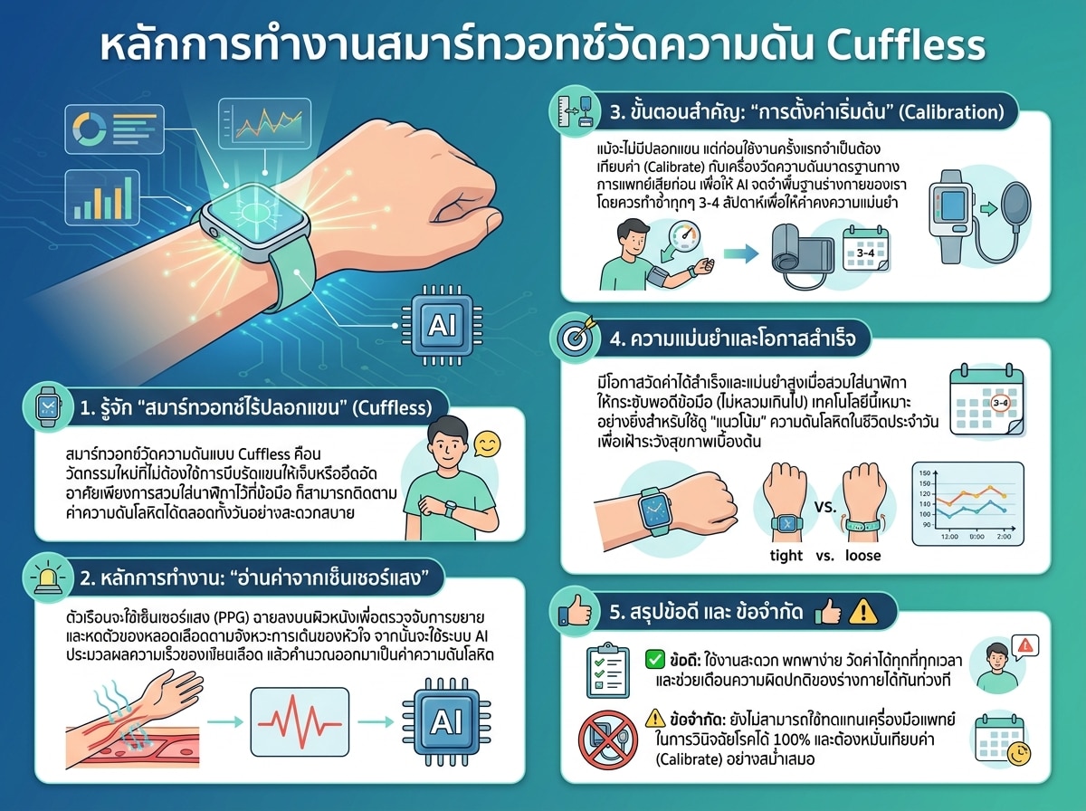 หลักการทำงานสมาร์ทวอทช์วัดความดัน Cuffless