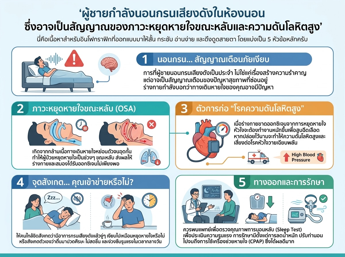 ผู้ชายกำลังนอนกรนเสียงดังในห้องนอน ซึ่งอาจเป็นสัญญาณของภาวะหยุดหายใจขณะหลับและความดันโลหิตสูง