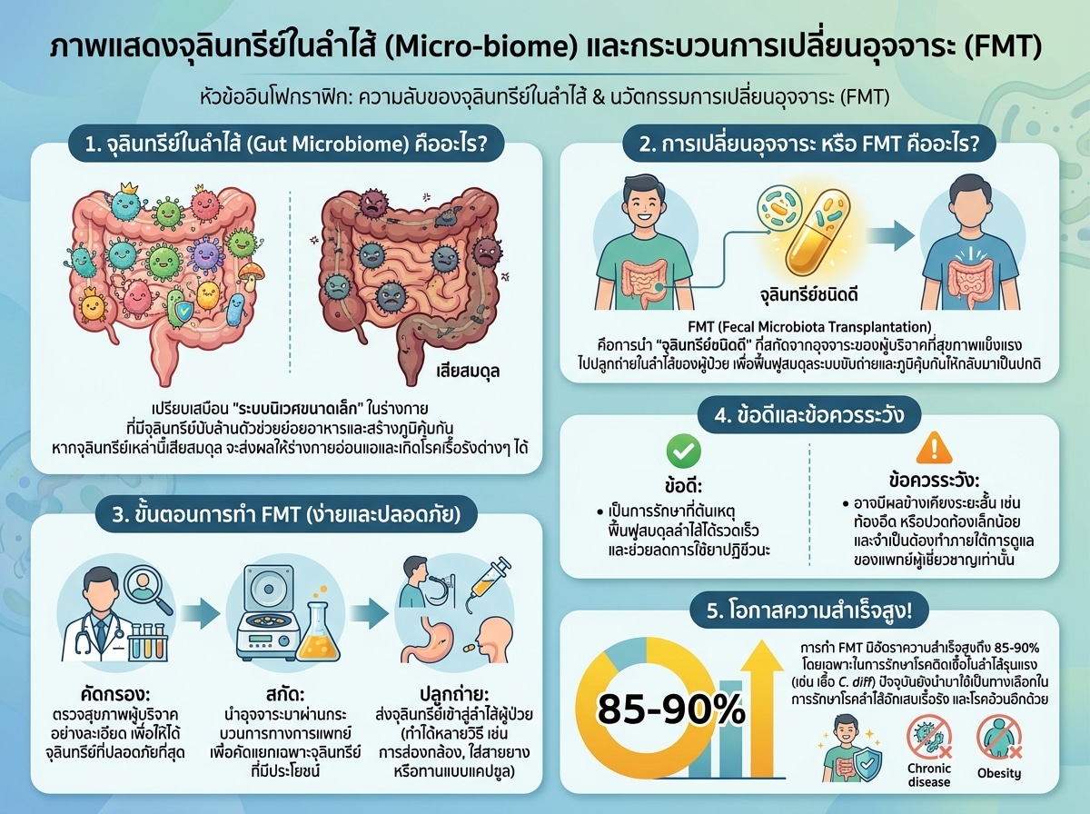 ภาพแสดงจุลินทรีย์ในลำไส้ (Micro-biome) และกระบวนการเปลี่ยนอุจจาระ (FMT)