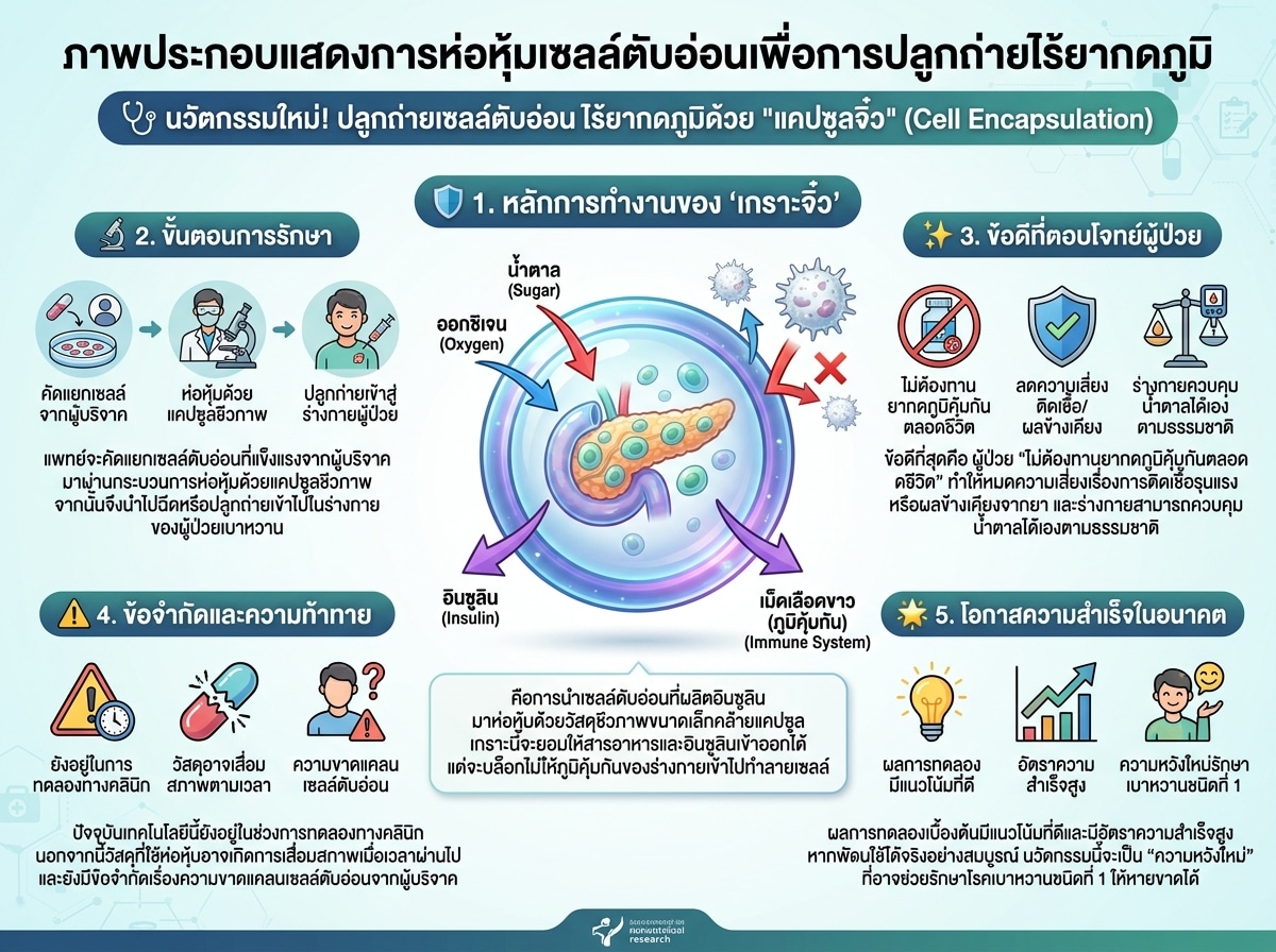 ภาพประกอบแสดงการห่อหุ้มเซลล์ตับอ่อนเพื่อการปลูกถ่ายไร้ยากดภูมิ