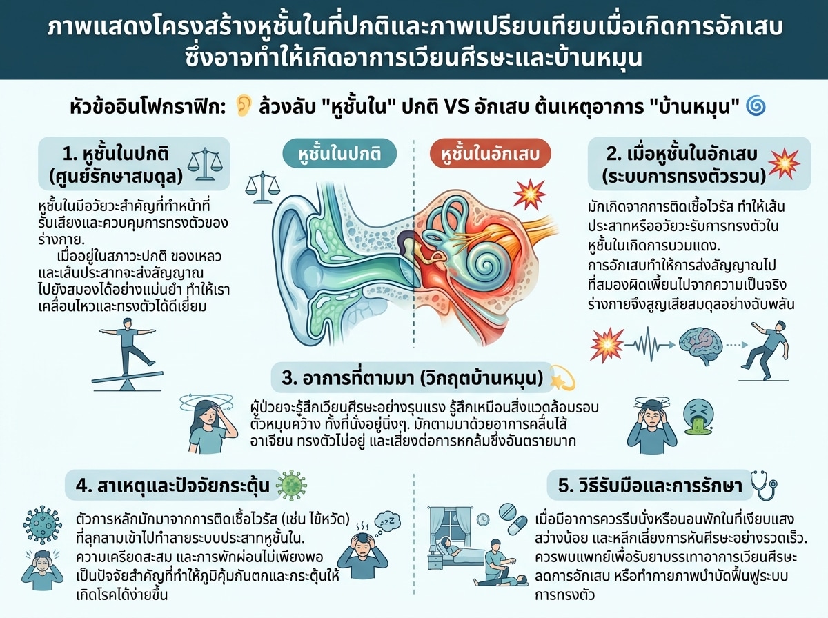 ภาพแสดงโครงสร้างหูชั้นในที่ปกติและภาพเปรียบเทียบเมื่อเกิดการอักเสบ ซึ่งอาจทำให้เกิดอาการเวียนศีรษะและบ้านหมุน