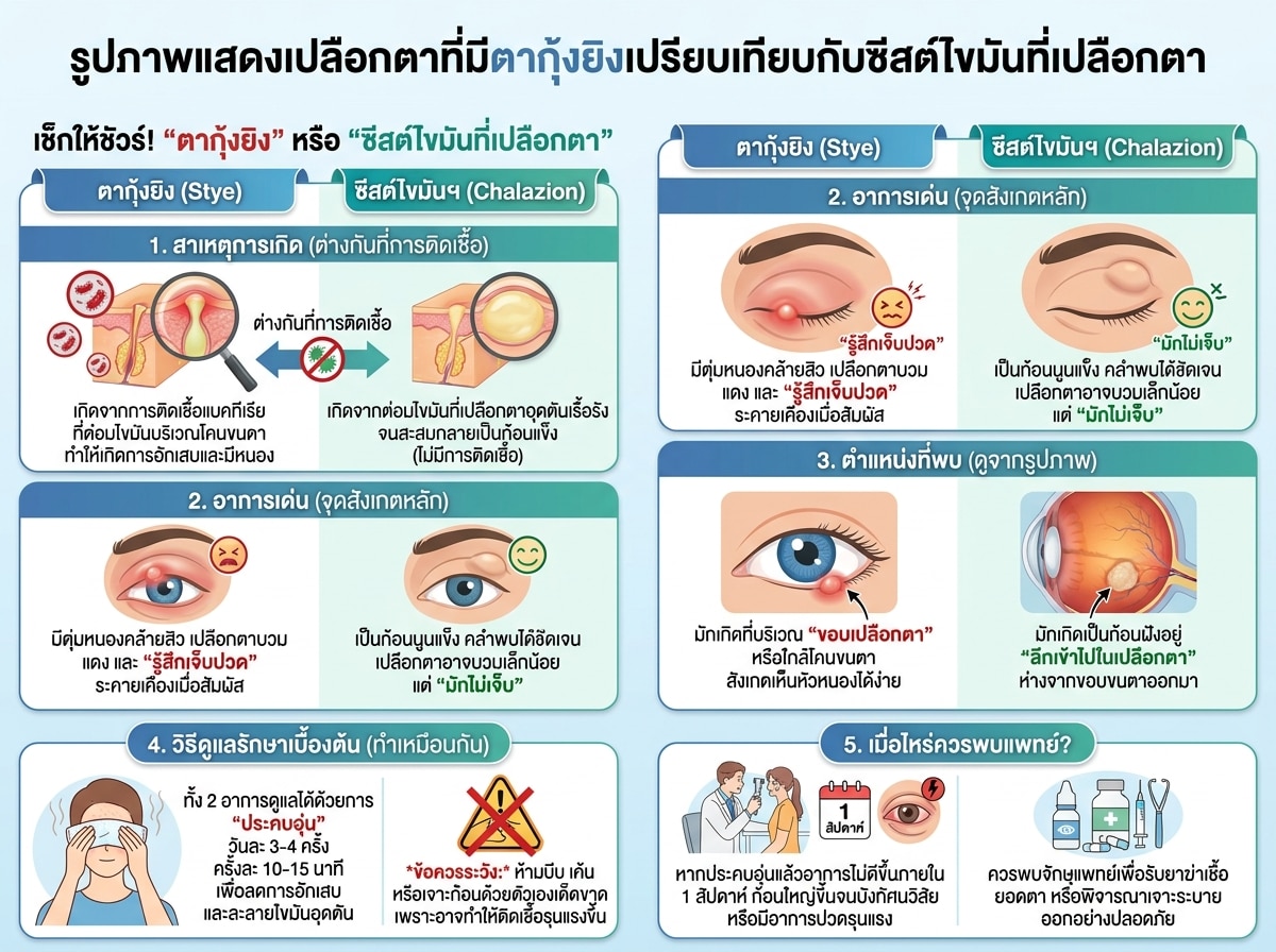 รูปภาพแสดงเปลือกตาที่มีตากุ้งยิงเปรียบเทียบกับซีสต์ไขมันที่เปลือกตา