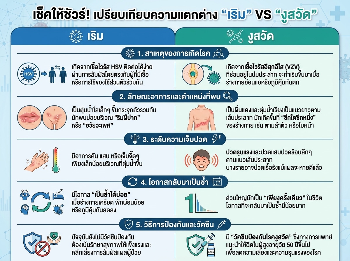 เปรียบเทียบความแตกต่างระหว่างเริมและงูสวัด