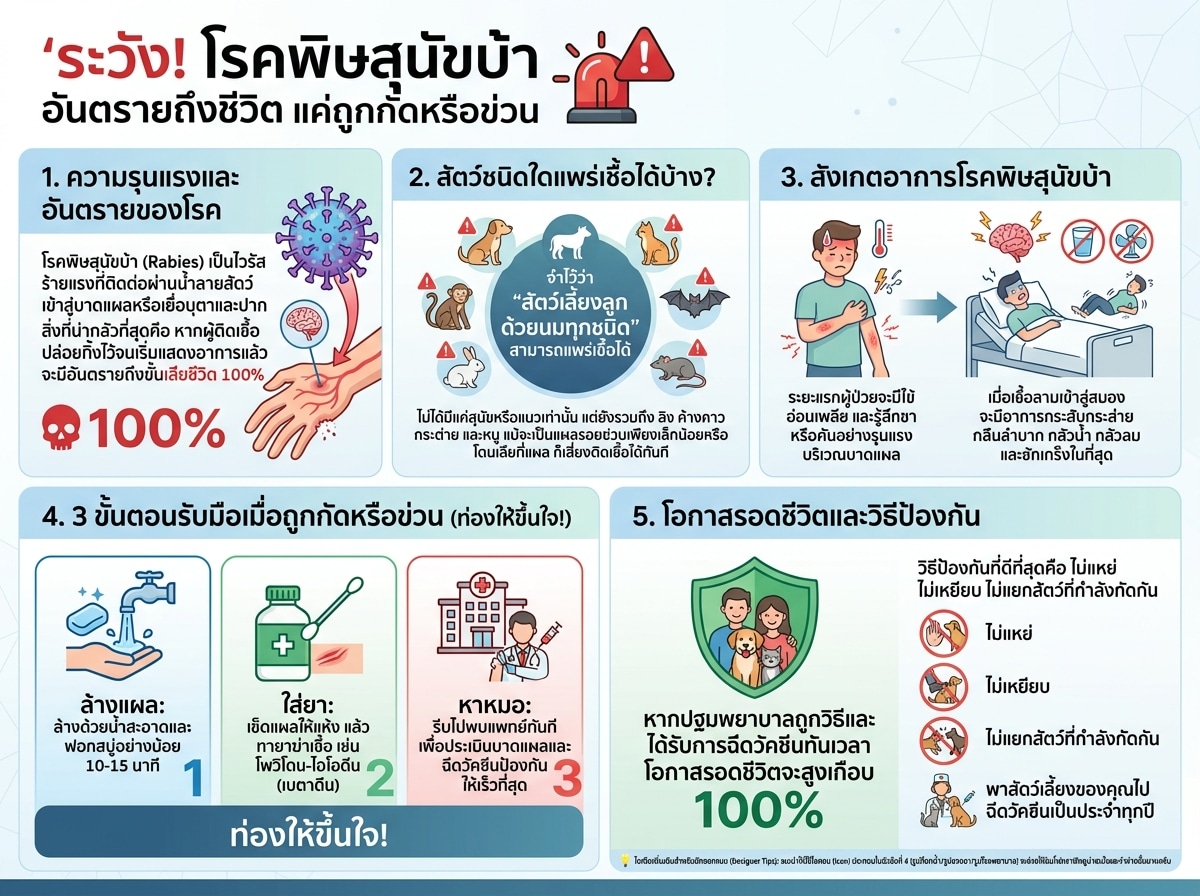 อาการของโรคพิษสุนัขบ้าและอันตรายจากการถูกสัตว์เลี้ยงลูกด้วยนมกัดข่วน