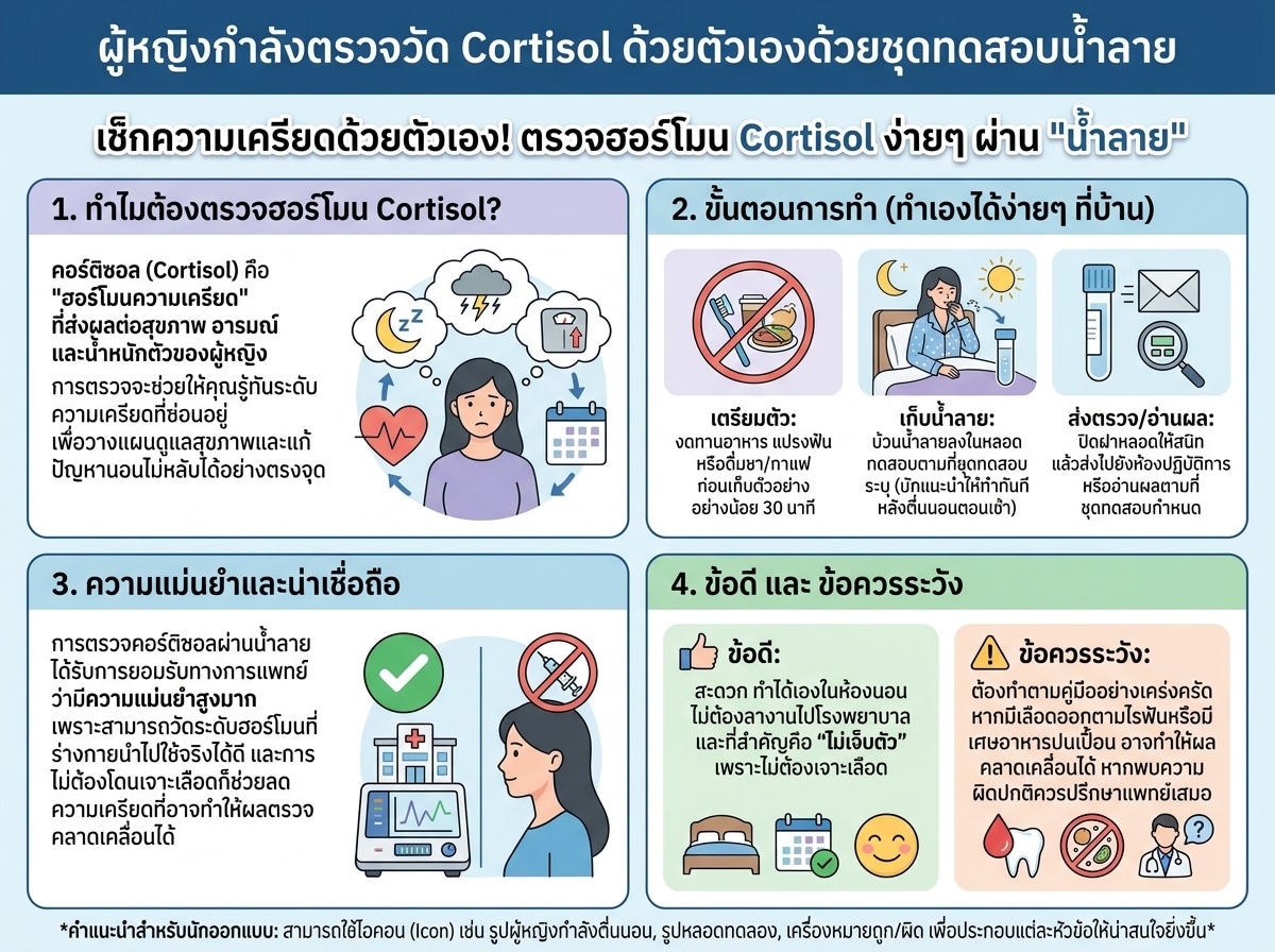 ผู้หญิงกำลังตรวจวัด Cortisol ด้วยตัวเองด้วยชุดทดสอบน้ำลาย