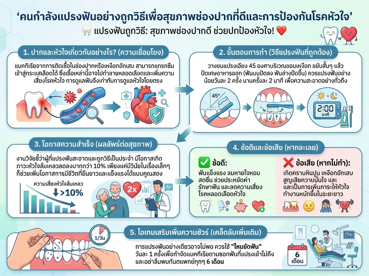 คนกำลังแปรงฟันอย่างถูกวิธีเพื่อสุขภาพช่องปากที่ดีและการป้องกันโรคหัวใจ