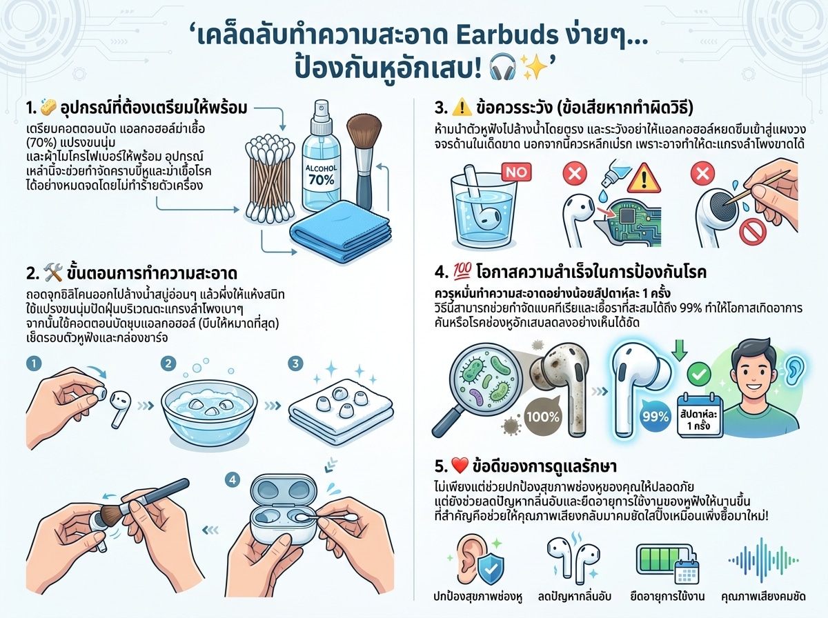 วิธีทำความสะอาดหูฟัง Earbuds เพื่อป้องกันหูอักเสบ