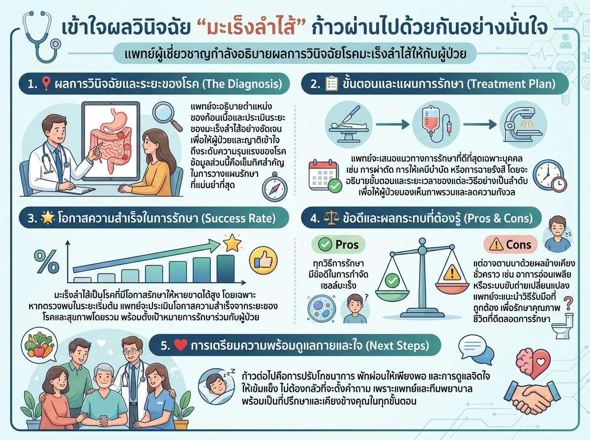 แพทย์ผู้เชี่ยวชาญกำลังอธิบายผลการวินิจฉัยโรคมะเร็งลำไส้ให้กับผู้ป่วย
