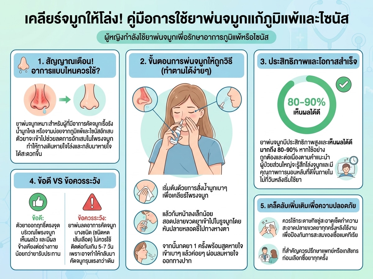 ผู้หญิงกำลังใช้ยาพ่นจมูกเพื่อรักษาอาการภูมิแพ้หรือไซนัส