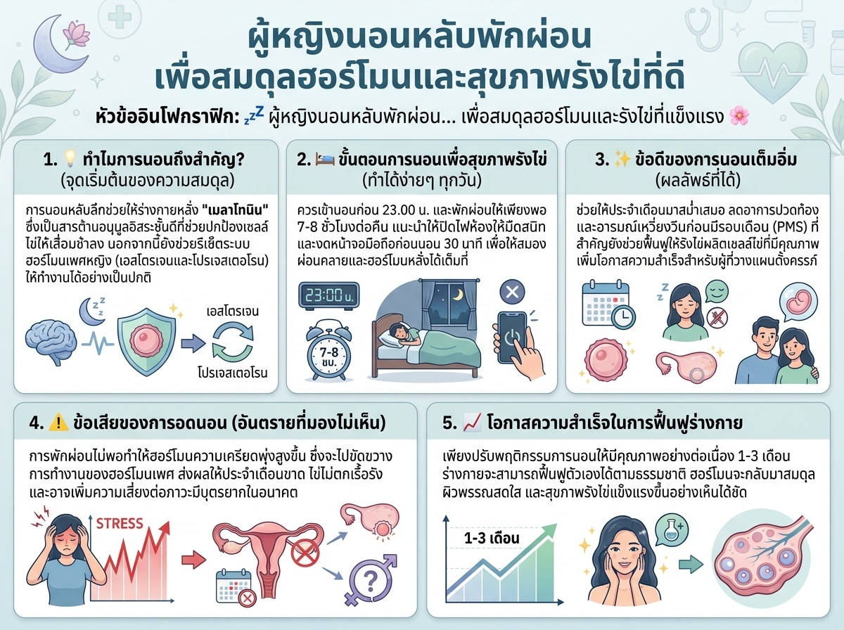 ผู้หญิงนอนหลับพักผ่อน เพื่อสมดุลฮอร์โมนและสุขภาพรังไข่ที่ดี
