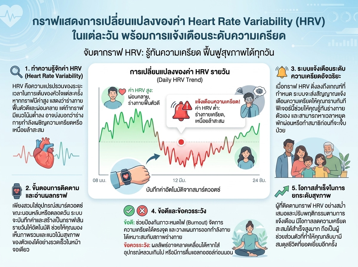 กราฟแสดงการเปลี่ยนแปลงของค่า Heart Rate Variability (HRV) ในแต่ละวัน พร้อมการแจ้งเตือนระดับความเครียด