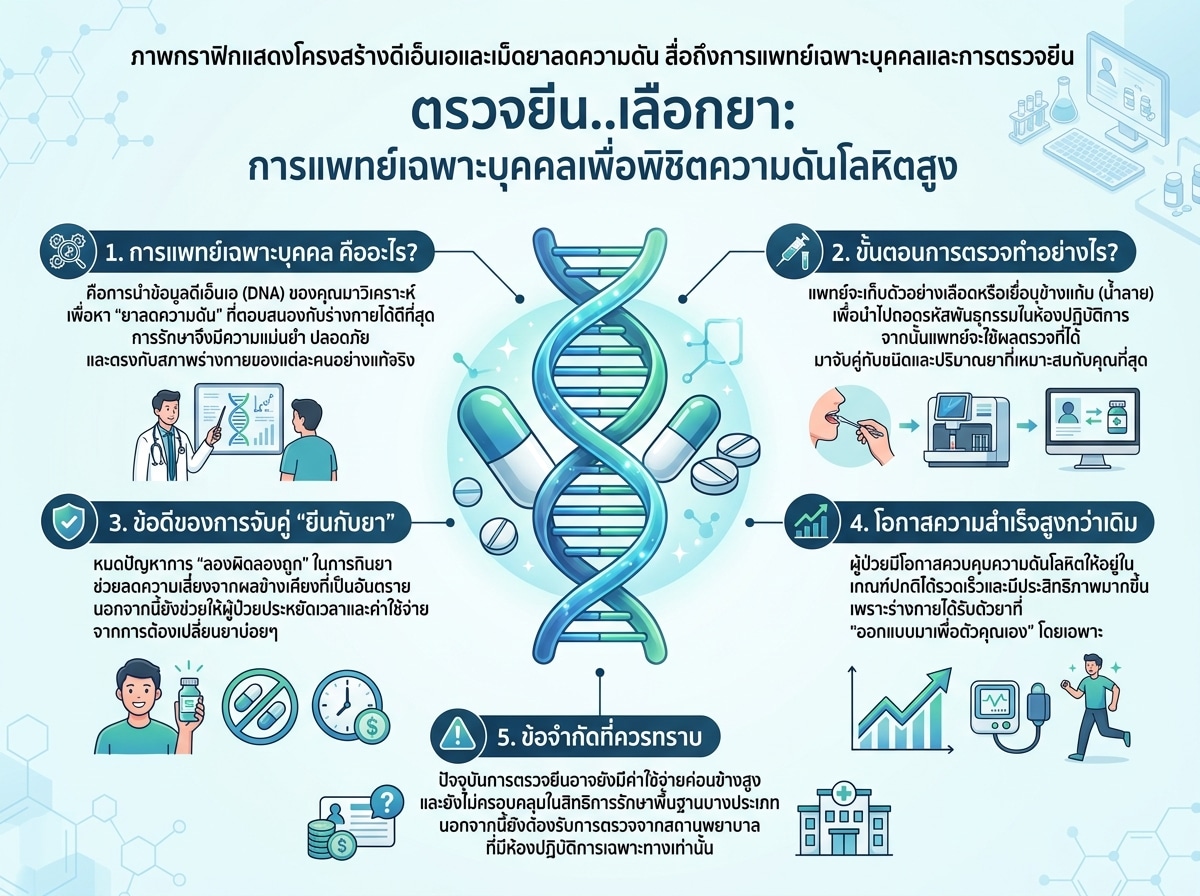 ภาพกราฟิกแสดงโครงสร้างดีเอ็นเอและเม็ดยาลดความดัน สื่อถึงการแพทย์เฉพาะบุคคลและการตรวจยีน