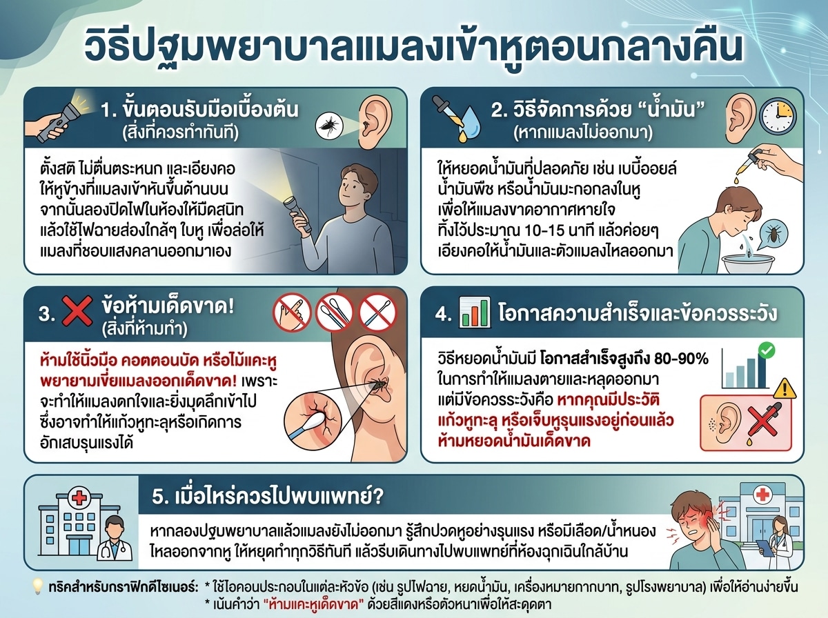 วิธีปฐมพยาบาลแมลงเข้าหูตอนกลางคืน