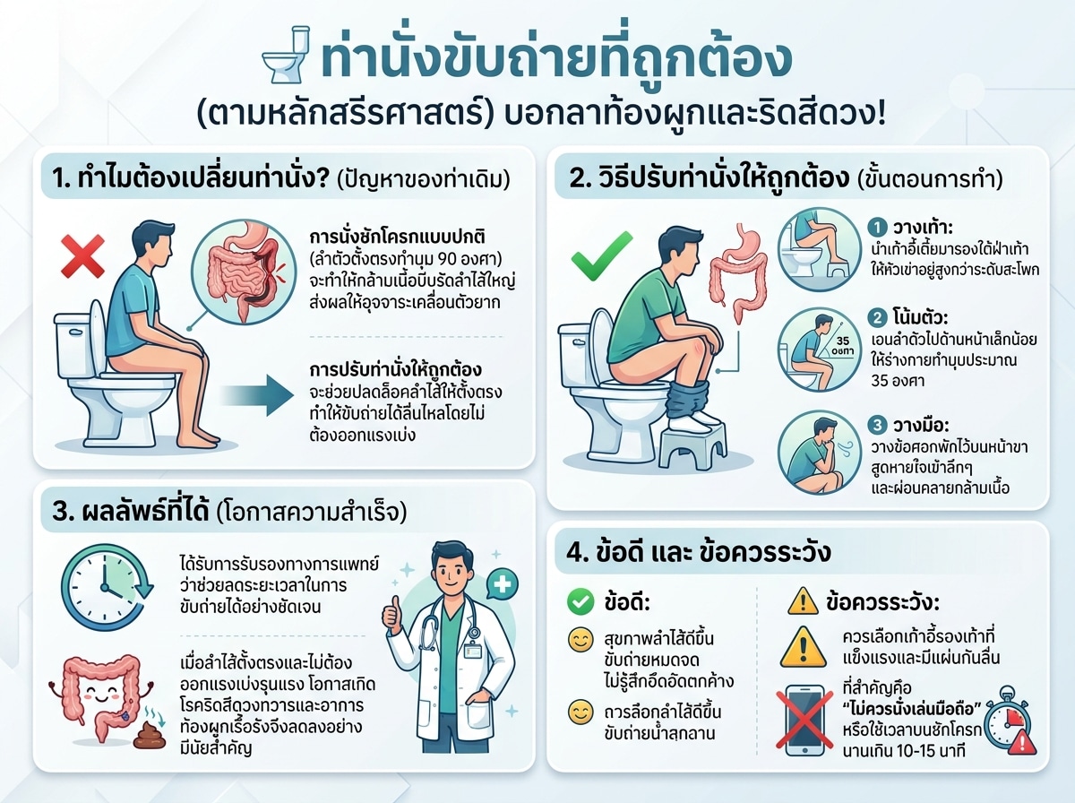 ท่านั่งขับถ่ายที่ถูกต้องตามหลักสรีรศาสตร์ ช่วยลดท้องผูกและริดสีดวง