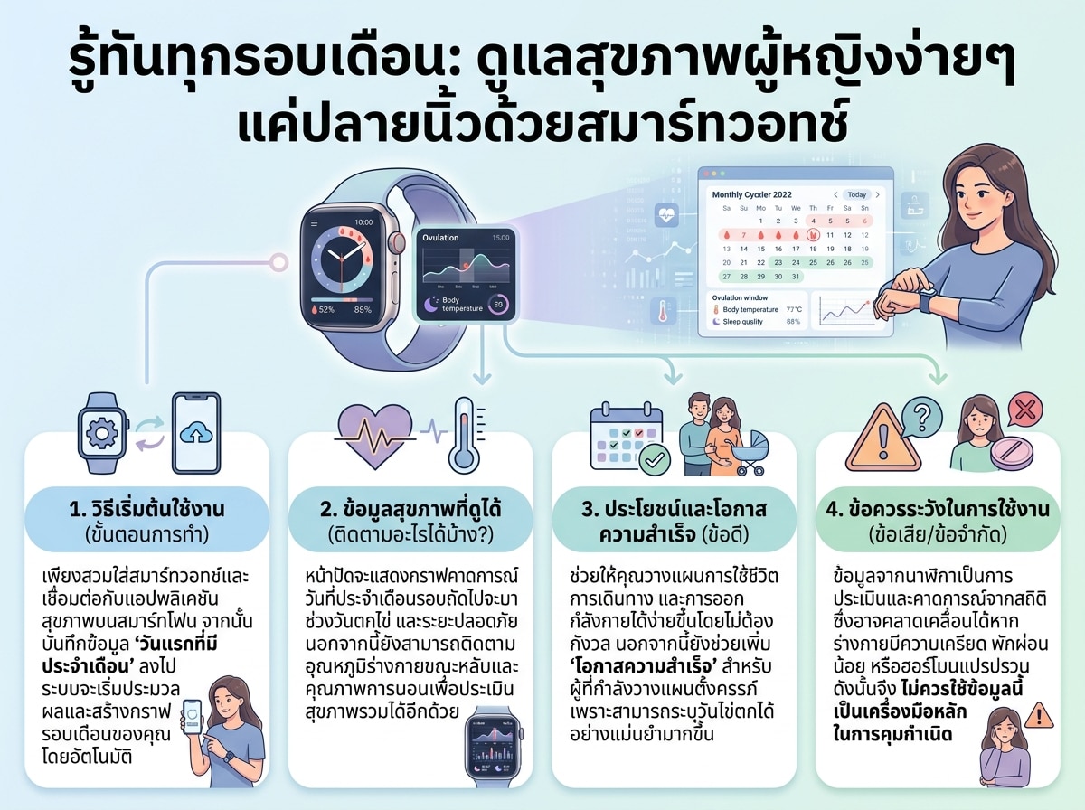 ผู้หญิงมองนาฬิกาสมาร์ทวอทช์ แสดงกราฟรอบเดือนและข้อมูลสุขภาพ