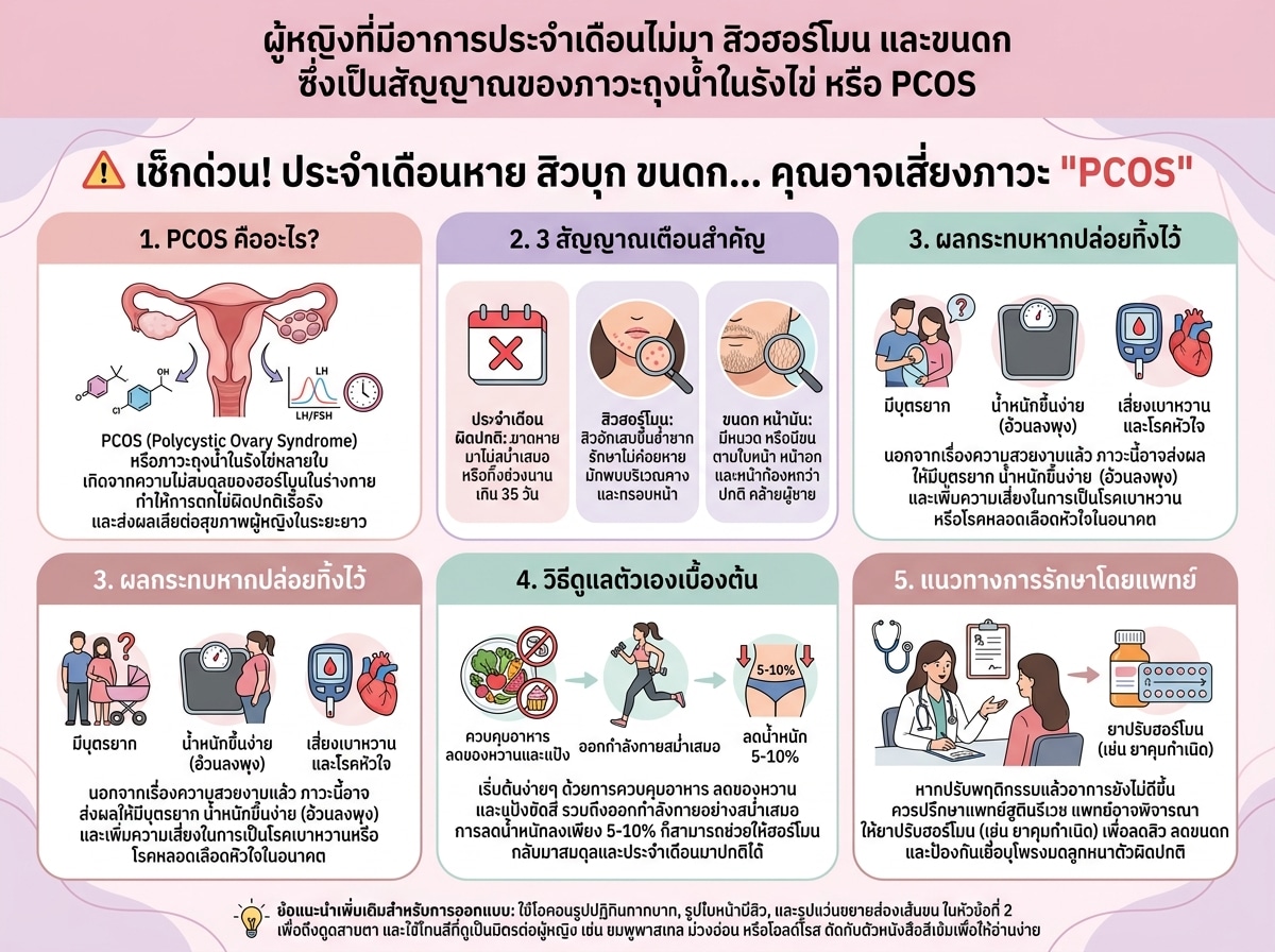 ผู้หญิงที่มีอาการประจำเดือนไม่มา สิวฮอร์โมน และขนดก ซึ่งเป็นสัญญาณของภาวะถุงน้ำในรังไข่ หรือ PCOS