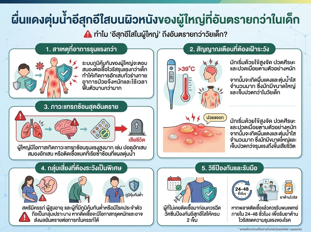 ผื่นแดงตุ่มน้ำอีสุกอีใสบนผิวหนังของผู้ใหญ่ที่อันตรายกว่าในเด็ก