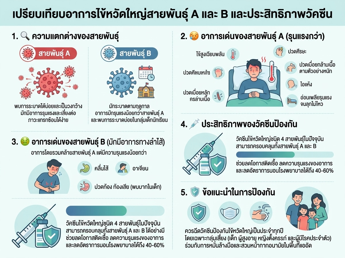 เปรียบเทียบอาการไข้หวัดใหญ่สายพันธุ์ A และ B และประสิทธิภาพวัคซีน