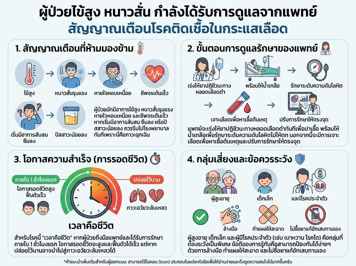 ผู้ป่วยไข้สูง หนาวสั่น กำลังได้รับการดูแลจากแพทย์ สัญญาณเตือนโรคติดเชื้อในกระแสเลือด