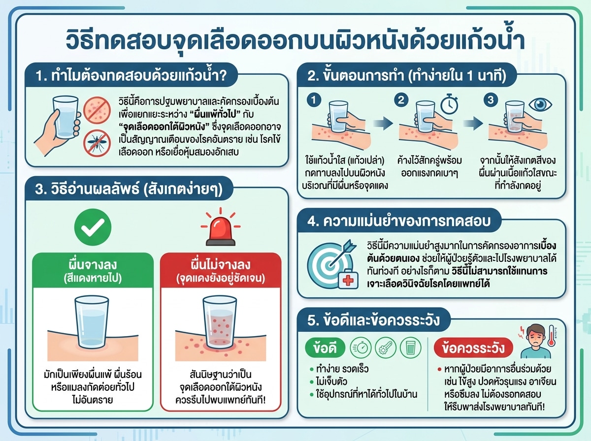 วิธีทดสอบจุดเลือดออกบนผิวหนังด้วยแก้วน้ำ