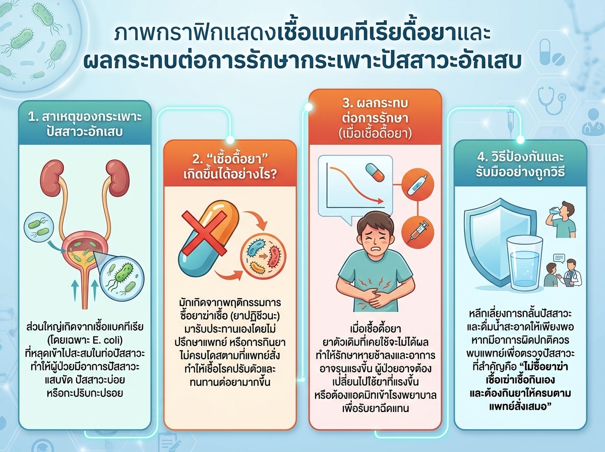 ภาพกราฟิกแสดงเชื้อแบคทีเรียดื้อยาและผลกระทบต่อการรักษากระเพาะปัสสาวะอักเสบ