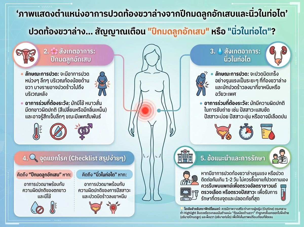 ภาพแสดงตำแหน่งอาการปวดท้องขวาล่างจากปีกมดลูกอักเสบและนิ่วในท่อไต