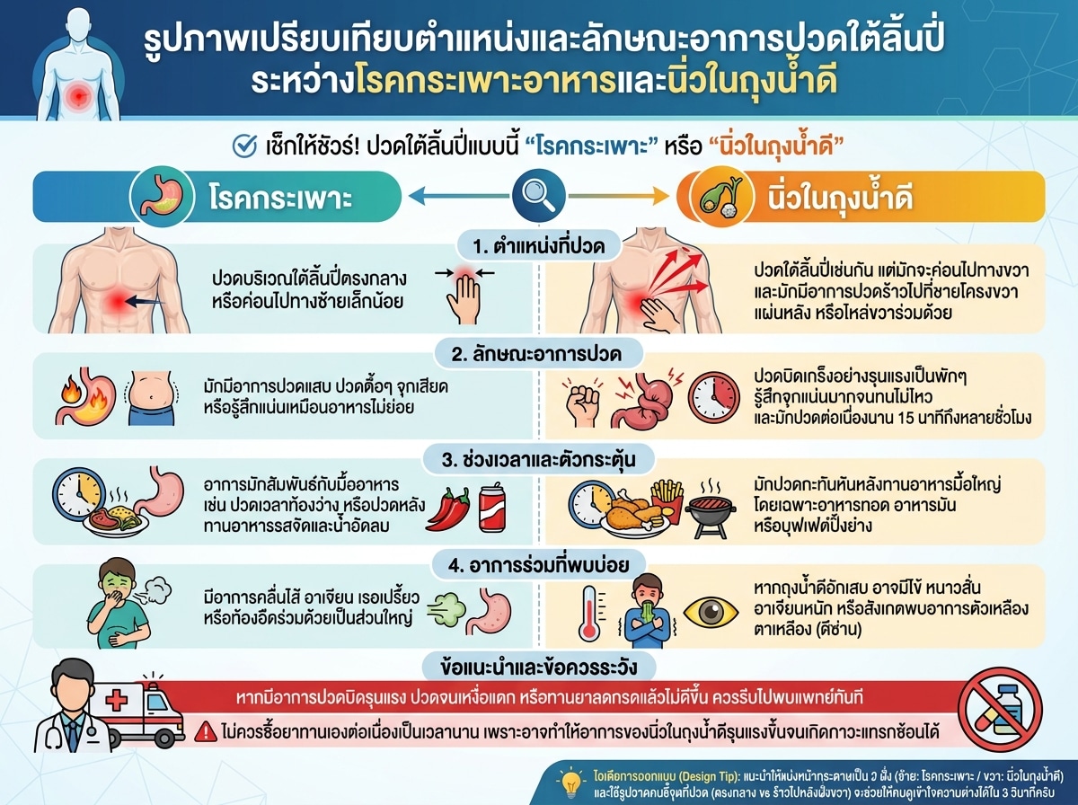 รูปภาพเปรียบเทียบตำแหน่งและลักษณะอาการปวดใต้ลิ้นปี่ระหว่างโรคกระเพาะอาหารและนิ่วในถุงน้ำดี