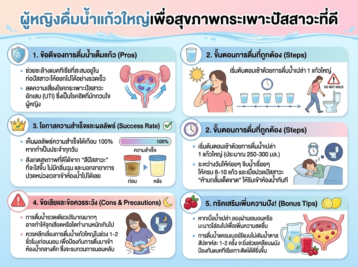 ผู้หญิงดื่มน้ำแก้วใหญ่เพื่อสุขภาพกระเพาะปัสสาวะที่ดี